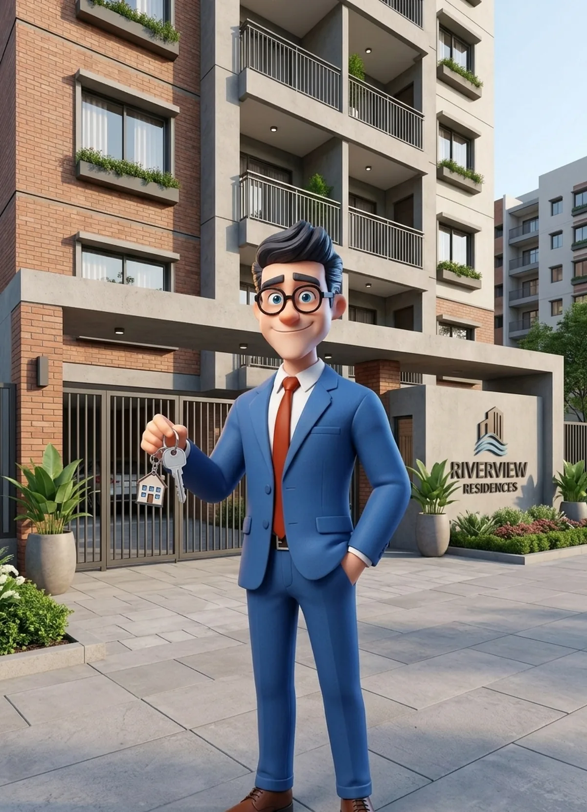 Stanko holding keys in front of an apartment building